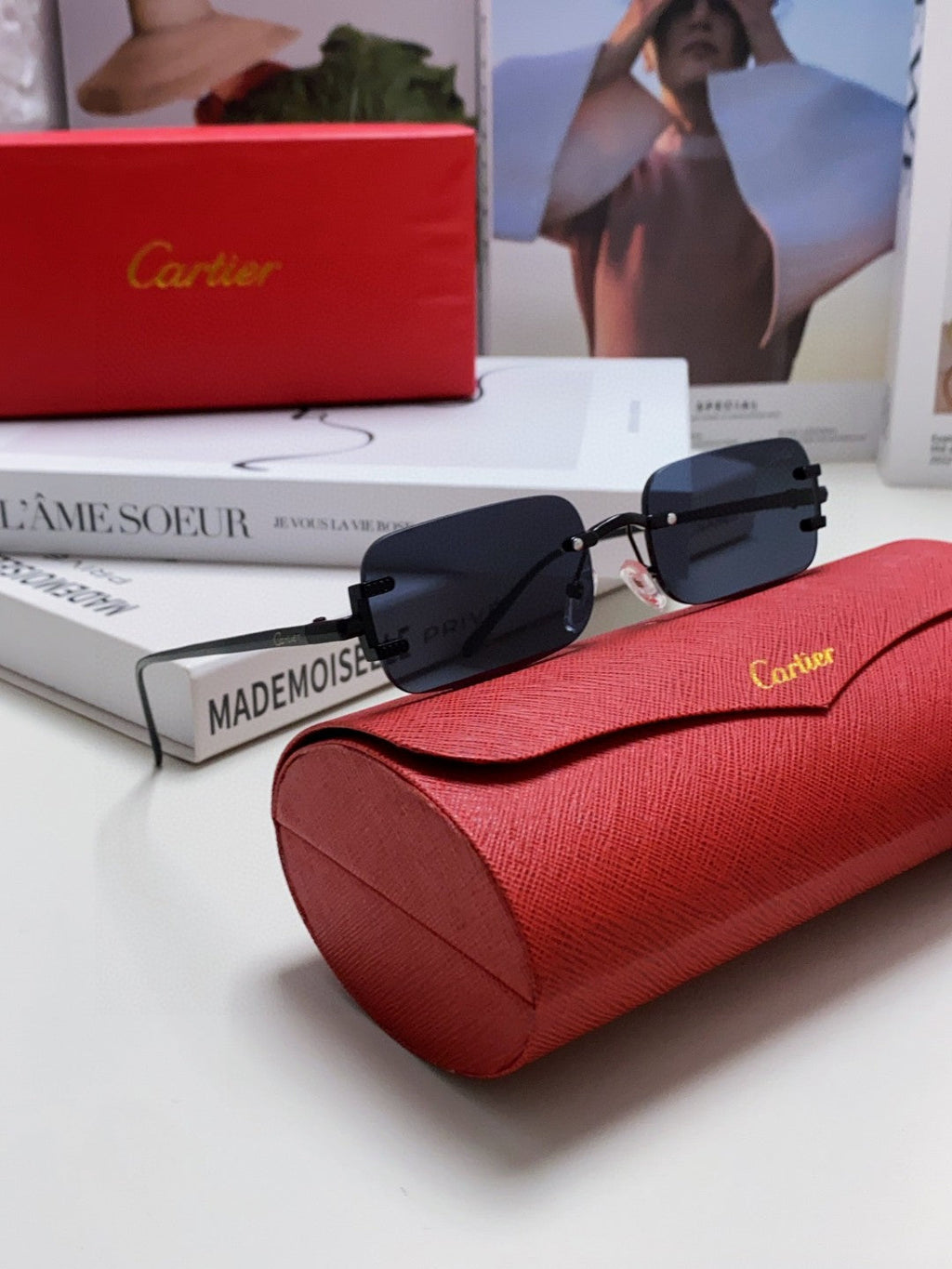 SANTOS RIMLESS RECTANGULAR FRAME SUNGLASSES 562068 IN METAL